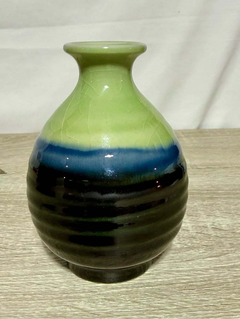 Kotobuki Japanese Mini Ikebana Vase Ceramic, vibrant green, blue, and black